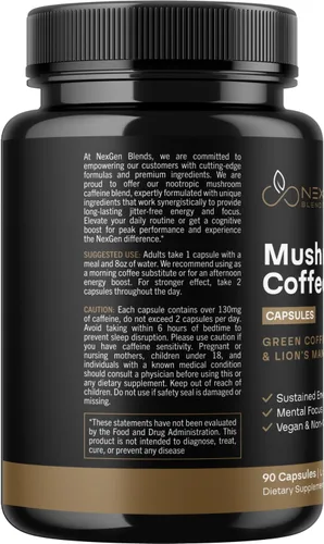 Miniatura 9 de Cápsulas de café de hongos 100% orgánicos, suplemento energético natural con 130 mg de cafeína de extracto de café verde y guayusa patentados