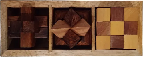 Miniatura 4 de Purpledip Juego de rompecabezas de madera: 3 desafíos mentales cerebrales con caja de almacenamiento (12629)
