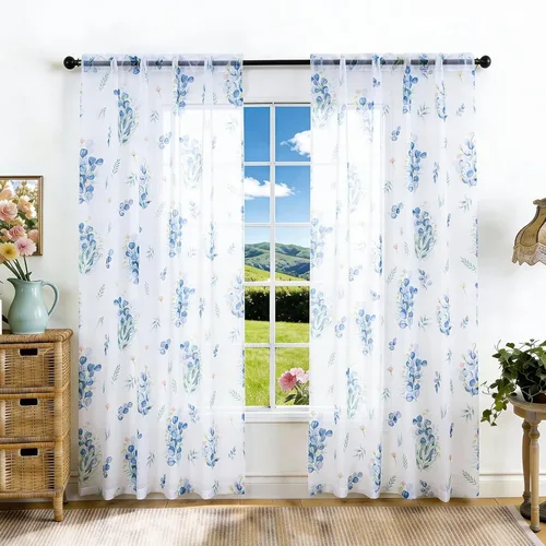 Miniatura 19 de youleyar Cortinas traslúcidas florales para sala de estar, 2 paneles de 54 pulgadas de largo, cortinas semitransparentes blancas con estampado