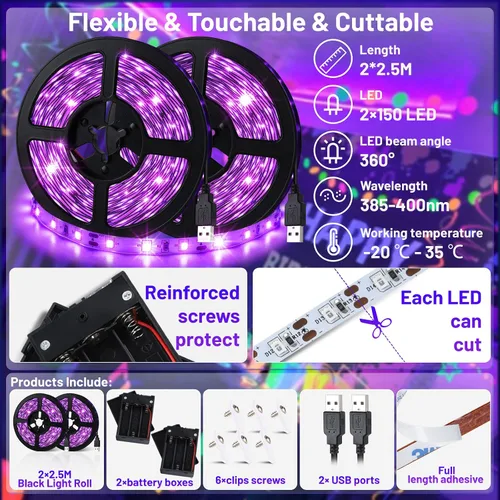 Miniatura 3 de Tira de luz LED negra de 16.4 pies, funciona con USB y baterías, accesorio de tira de luz negra adhesiva para Halloween, decoración de fiesta
