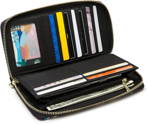 Miniatura 21 de Cartera de mano para mujer, estilo bohemio, con RFID, elegante, espaciosa con correa para viajes, capacidad para tarjetas, teléfono, dinero