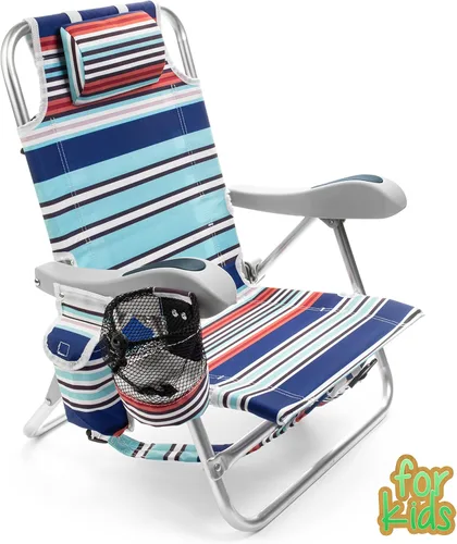 Homevative Silla de playa tipo mochila plegable para niños con 4 posiciones, asa de transporte, bolsa de almacenamiento, portavasos y soporte para