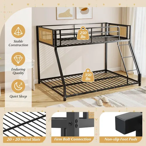 Miniatura 5 de KOMFOTT Litera de metal individual sobre matrimonial, litera de ratán bohemio de perfil bajo con barandilla de seguridad de longitud completa y Negro