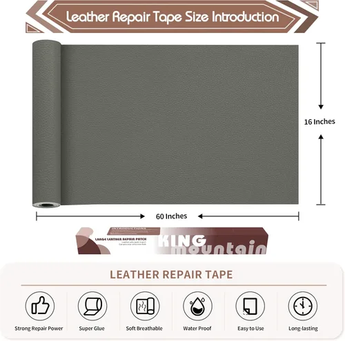 Miniatura 4 de KING MOUNTAIN Cinta de reparación de cuero, 16 x 60 pulgadas, gris, autoadhesiva, impermeable, ecológica