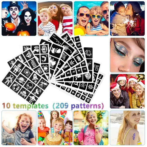 Miniatura 4 de Kit de tatuajes temporales con purpurina para niños, 36 colores de purpurina, 222 plantillas, 3 pegamento, 5 pinceles, kit de purpurina artística