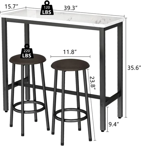 Miniatura 5 de Mesa de comedor pequeña para 2, juego de mesa de bar de 3 piezas, mesa de cocina y sillas, mesa de pub con 2 sillas, mesa de comedor y sillas