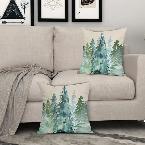 Miniatura 3 de Juego de 2 fundas de almohada de árbol azul verde acuarela de 22 x 22 pulgadas, estilo rústico, estampado de bosque natural, almohadas decorativas
