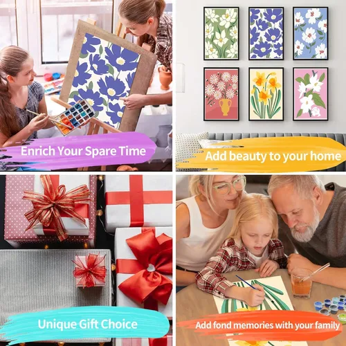 Miniatura 7 de YALKIN Paquete de 6 kits de pintura por números para adultos, pintura al óleo acrílica fácil por números, kit de pintura de acuarela de flores por