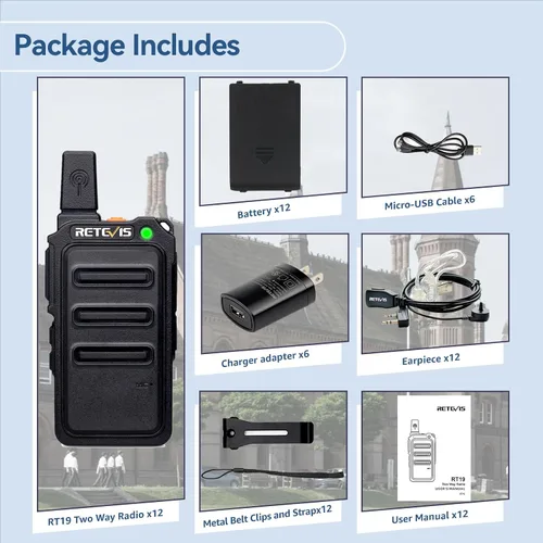 Miniatura 9 de Retevis RT19 Walkie Talkies con auricular, mini radio bidireccional recargable, 0.7 pulgadas de grosor, clip de metal, para adultos, restaurante