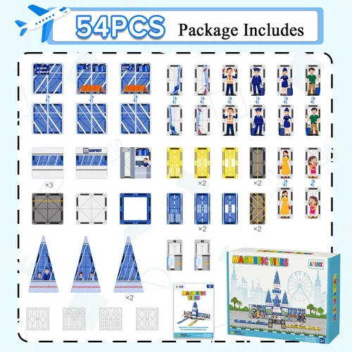 Miniatura 7 de AFUNX - Azulejos magnéticos, set de 54 piezas con tema de aeropuerto, bloques de construcción magnéticos y juguetes educativos STEM para niños