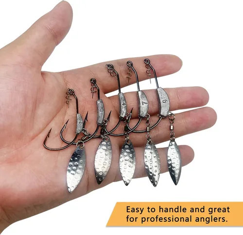Miniatura 6 de Ganchos de natación con peso, 6 anzuelos Underspin Swimbait con Twistlock, ganchos de manivela con peso con cuchillas giratorias doradas/plateadas