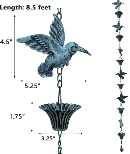 Miniatura 2 de Cadena de Lluvia de 8.5 Pies, Cadenas de Lluvia de Colibrí y Copa para Canalones, Reemplazo Funcional para Bajante, Cadena de Metal para Atrapar