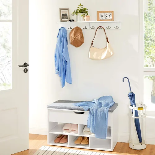 Miniatura 4 de SONGMICS Perchero colgante de entrada, estante de madera montado en la pared, con 4 ganchos dobles, estante flotante de pared, blanco ULHR42WT