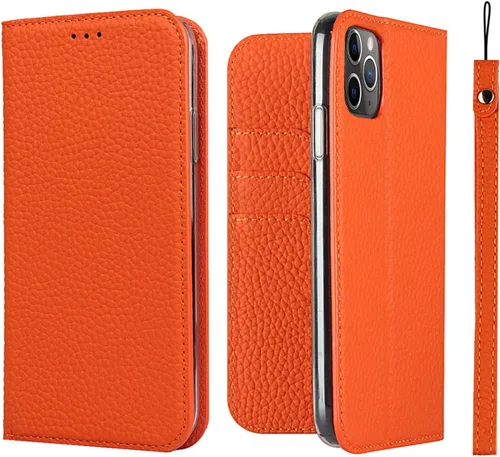 iCoverCase Compatible con iPhone 11 Pro Max, funda magnética de piel auténtica con bloqueo RFID, correa para la muñeca y ranuras para tarjetas,