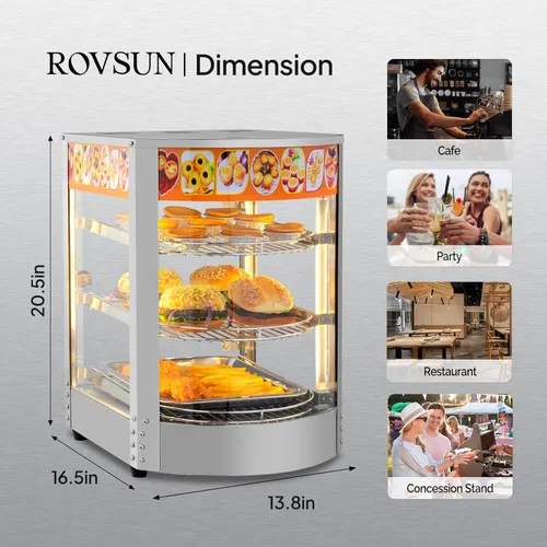 Miniatura 6 de ROVSUN Calentador de alimentos de 3 niveles, calentador de pizza para encimera, pantalla de calentador de alimentos comercial con iluminación LED