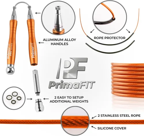 Miniatura 4 de PrimaFIT Jump Rope Pro Speed Skipping Rope Adjustable Adult Jumping Rope Weighted Aluminium Handles for Double Dutch Boxing Workout Crossfit Naranja