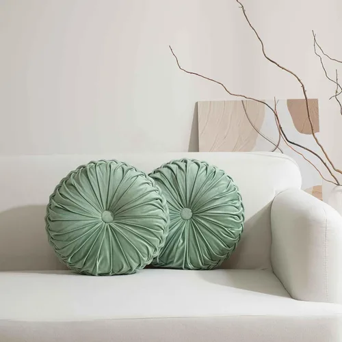 Miniatura 17 de HIG - Juego de 2 almohadas decorativas redondas plisadas, almohadas de calabaza de acento elegantes con botón central, almohadas de suelo