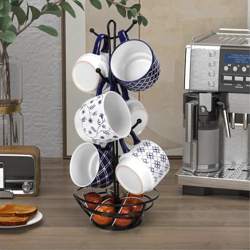 Miniatura 6 de Schliersee Juego de 6 tazas de café de cerámica apilables de 12 oz, taza pequeña con patrón geométrico floral, taza de café de porcelana azul