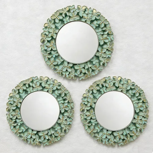 Miniatura 8 de DXYAKY Juego de 3 espejos decorativos redondos dorados para pared, espejos con marco de plástico ligero con detalles de cristal azul, decoración