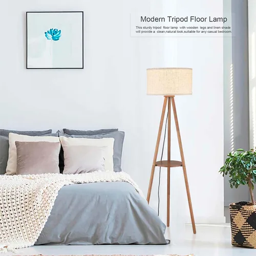 Miniatura 8 de Lámpara de pie trípode de madera BTP, luz de pie de granja con estante de madera y pantalla de tambor para sala de estar, dormitorio, oficina