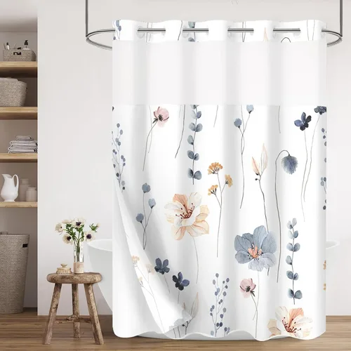 Miniatura 12 de Gibelle Juego de cortina de ducha pequeña sin gancho con forro de tela a presión, 36 x 74 pulgadas, cortina de ducha de flores azules y beige