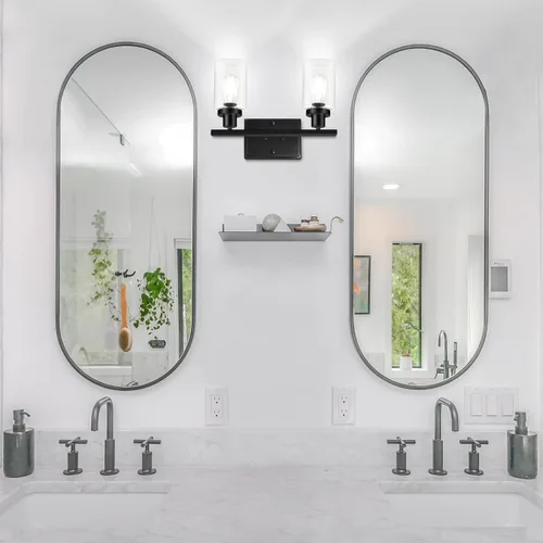 Miniatura 5 de Ascher 2 luces de pared, lámpara de tocador moderna con acabado negro, luz de pared con pantalla de vidrio transparente para espejo, pasillo