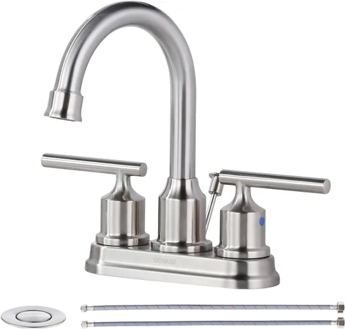 Miniatura 10 de WOWOW Grifo de baño de 2 manijas de bronce aceitado grifo de lavabo de baño de 3 agujeros con drenaje emergente y mangueras de suministro grifo