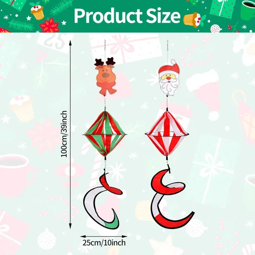 Miniatura 2 de Paquete de 2 molinos de viento rizados, diseño de Papá Noel, muñeco de nieve de Navidad de 40 pulgadas, decoración de molino de viento colgante