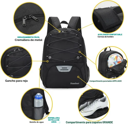 Miniatura 3 de Hsmihair - Mochila de fútbol juvenil - Mochila para fútbol y baloncesto, con compartimento para pelota y tacos separados