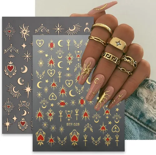 Miniatura 3 de 8 hojas de calcomanías doradas para arte de uñas, sol, estrella, luna bronceadora, calcomanías de uñas autoadhesivas 3D, calcomanías de uñas