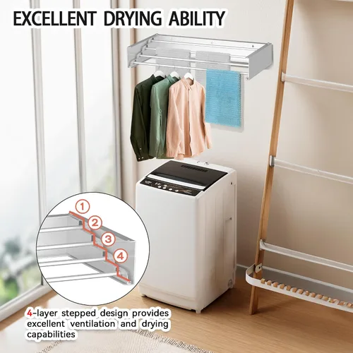 Miniatura 6 de FOCHIER F Tendedero de Ropa Tendedero de Secado Montado en Pared Plegable con 4 Varillas de Aluminio y Plantilla de Perforación Punta de Blanco