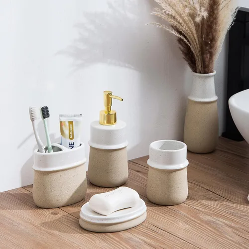 Miniatura 4 de Dispensador de jabón de cerámica beige para cocina, bomba dispensadora de manos recargable, dispensador de loción de 12 onzas para baño para jabón
