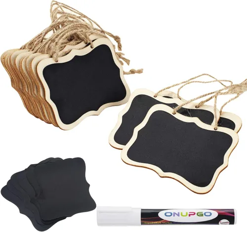 ONUPGO Paquete de 16 etiquetas de pizarra con cuerda, letreros colgantes de pizarra de 4 x 3 pulgadas con marcador de tiza líquida, mini etiquetas