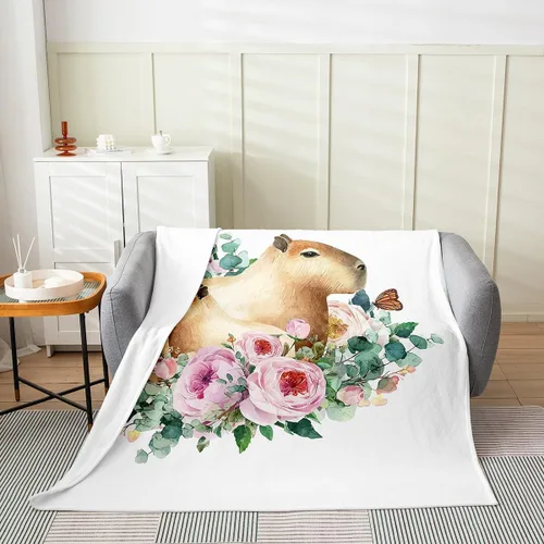 Miniatura 2 de Erosebridal Capybara - Manta de 40 x 50 pulgadas, manta floral kawaii, manta de forro polar con diseño de flores rosas rosadas, caricaturas