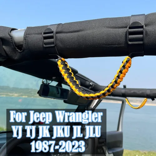 Miniatura 2 de Asas de agarre de barra enrollable para Jeep, asa de agarre para Jeep Wrangler YJ TJ JK JKU JL JLU, paracord/113 kg de carga, negro y amarillo