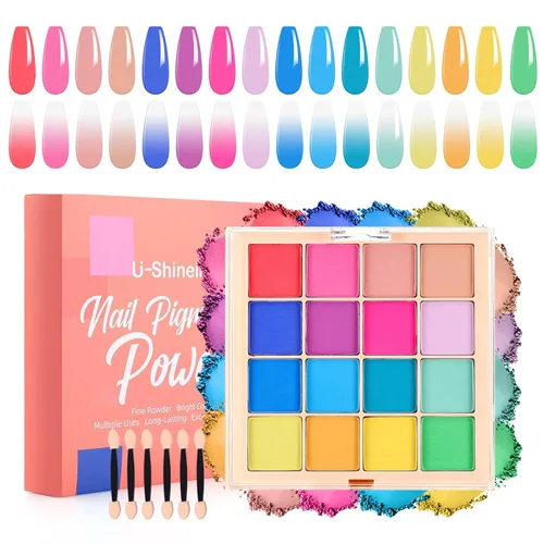 Miniatura 13 de Set de paleta de polvo de pigmento para uñas, 16 colores Ombre con 100 piezas de esponjas y pinzas, uñas francesas Aura Ombre, pincel de uñas