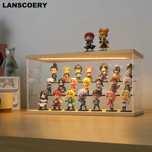 Miniatura 3 de LANSCOERY Vitrina de exhibición de acrílico con luz LED, caja de exhibición de 3 niveles para coleccionables y figuras de acción, organizador Madera