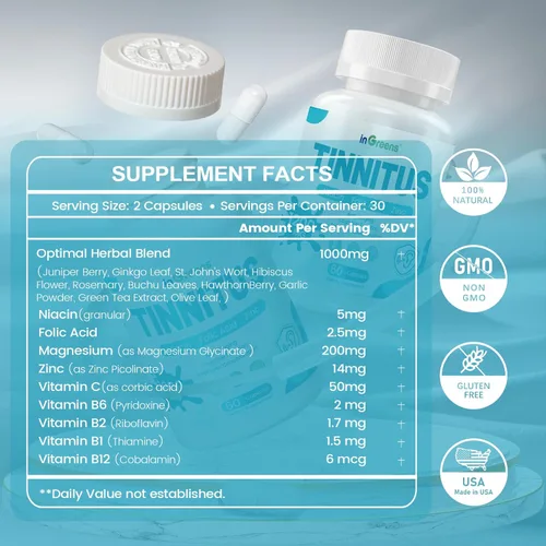 Miniatura 2 de inGreens Alivio de tinnitus para oídos zumbidos, ginkgo biloba y varias otras hierbas, vitaminas para la salud del oído, apoya la salud del oído