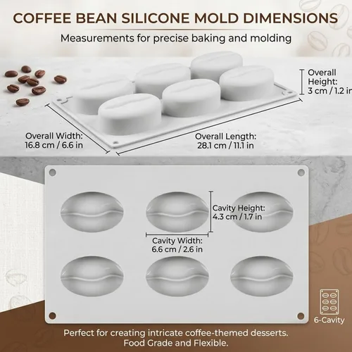 Miniatura 3 de Coffee Bean Mold 6-Cavity Silicone Baking Mold with Lip Design for Chocolate, Gummy Candy, Ice Cubes, Creative Kitchen Tool..