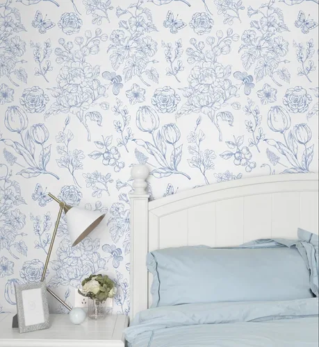 Miniatura 2 de CiCiwind Papel tapiz floral despegar y pegar, papel de contacto azul y blanco, bohemio moderno autoadhesivo removible para baño dormitorio