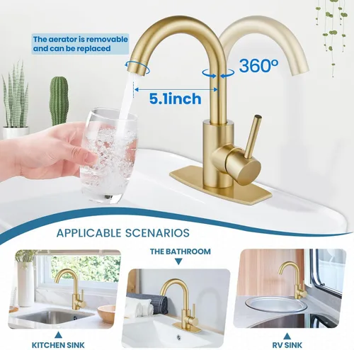 Miniatura 2 de Airuida Grifo de baño de un solo agujero, acero inoxidable giratorio de 360° con drenaje desplegable y placa de cubierta, grifo moderno de barra