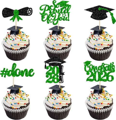 Miniatura 9 de Gyufise 24 piezas Adornos para pastel de graduación 2026 con purpurina negra, clase de 2026, adornos para magdalenas con gorra de graduación