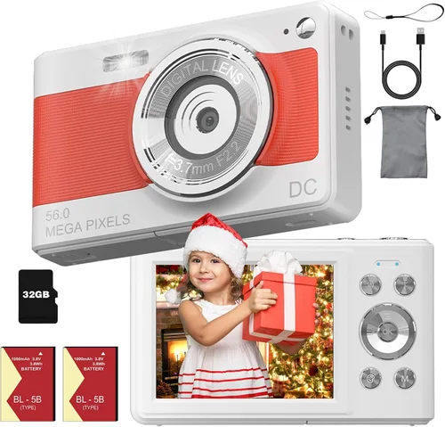 Cámara digital FHD 1080P para niños, cámara digital compacta para niños con tarjeta de memoria de 32 GB, 2 baterías, naranja y blanco