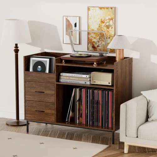 Hassyee Soporte para tocadiscos con almacenamiento para más de 500 álbumes, estante giratorio moderno de mediados de siglo y cajones, consola de