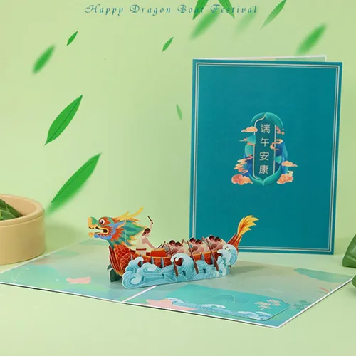 Miniatura 8 de Tarjeta de felicitación del festival de barcos del dragón chino, tarjetas de papel emergentes 3D con sobre para fiesta de Año Nuevo, regalo del día