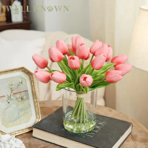 Miniatura 3 de WELL KNOWN 20 piezas tulipanes artificiales en jarrón, tulipanes de color rosa coral de tacto real con jarrón de vidrio y agua falsa, centro de mesa