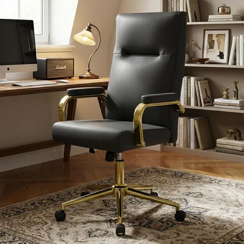 Silla de escritorio de oficina negra y dorada, espuma viscoelástica, respaldo alto, silla de oficina ejecutiva de cuero con ruedas y brazos para