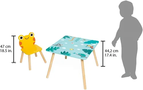 Miniatura 3 de Janod - Mesa Tropik de Madera y 2 Sillas - Mueble Infantil - Mesa: 21,65 x 21,65" - 1 Silla Jaguar y Rana - Pinturas a Base de Agua - 3 Años + J08273