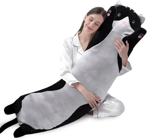 Miniatura 16 de shangman Bonita muñeca de gato de peluche, bonita almohada de peluche suave de caricaturas, almohada larga para dormir, regalo del día de San Negro