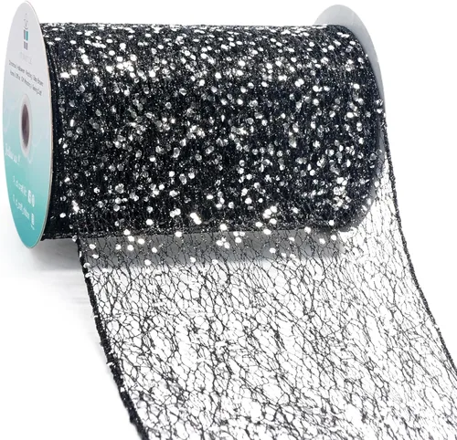 Cinta con alambre de malla brillante con purpurina de 6 x 10 yardas, color negro para decoración del hogar, lazo para envolver regalos,